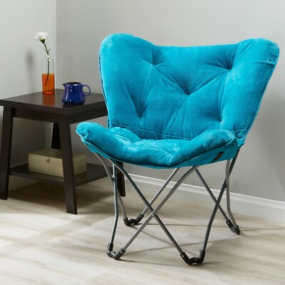 Comfortable Folding Faux Fur Butterfly Lounge Chair, Teal - Blue - NEW