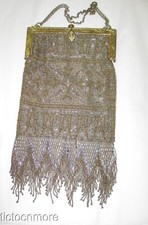 ANTIQUE ART DECO FRENCH STEEL CUT MICRO BEADED PURSE SILVER GOLD EGYPTIAN MOTIF