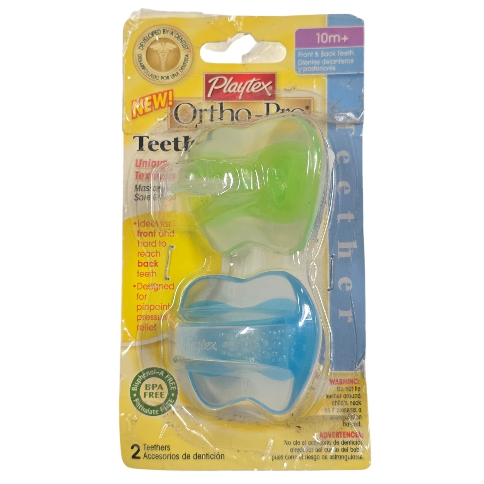 Playtex Ortho-Pro Teether 2 Pack 10m+ Front Back Teeth Green Blue BPA Pacifiers
