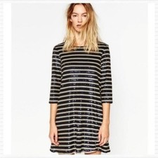 Zara Sequin Mini Dress Striped Shift Black Blue Metallic Cocktail Party Small