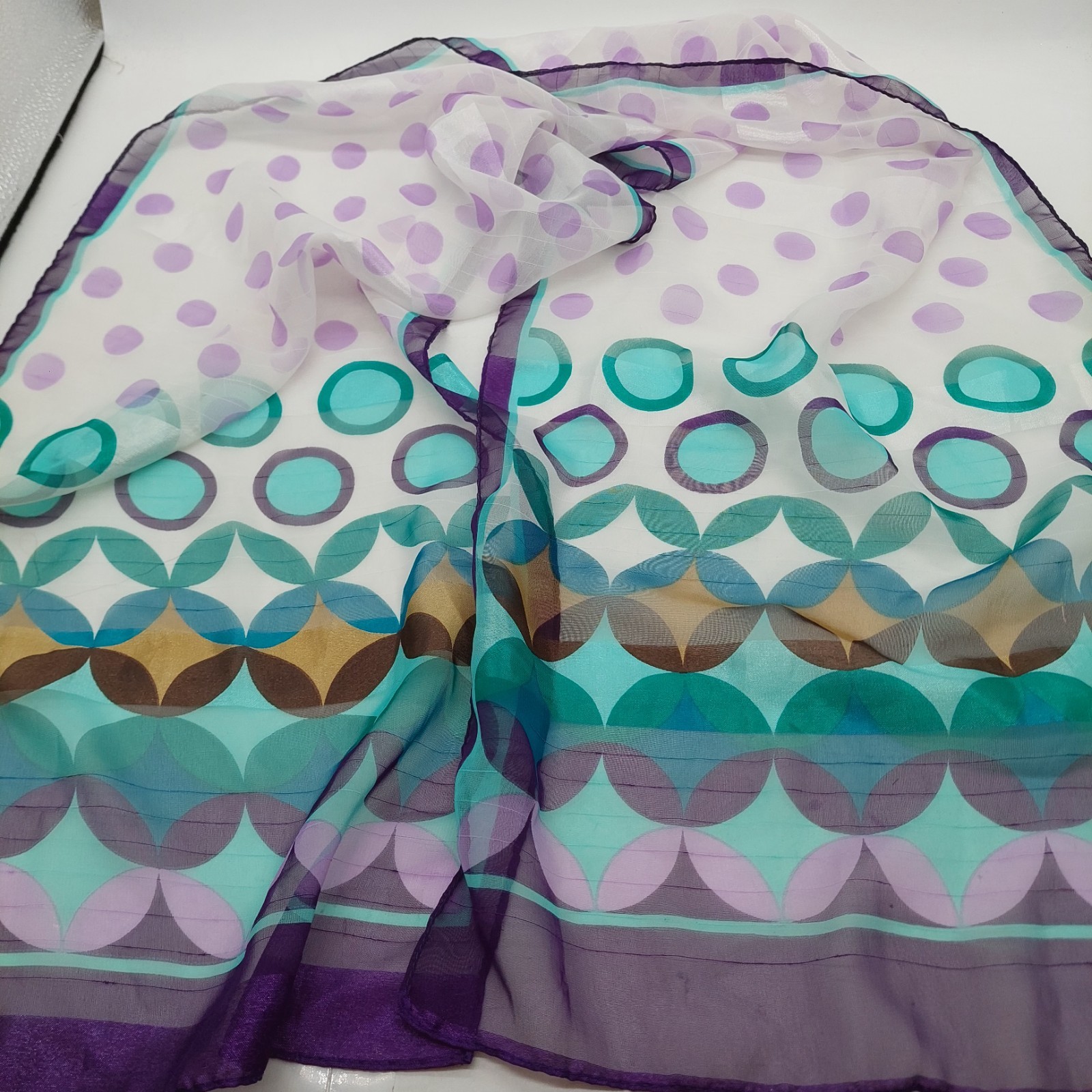 Scarf Oblong Purple Turquoise White Circles 13 x 57