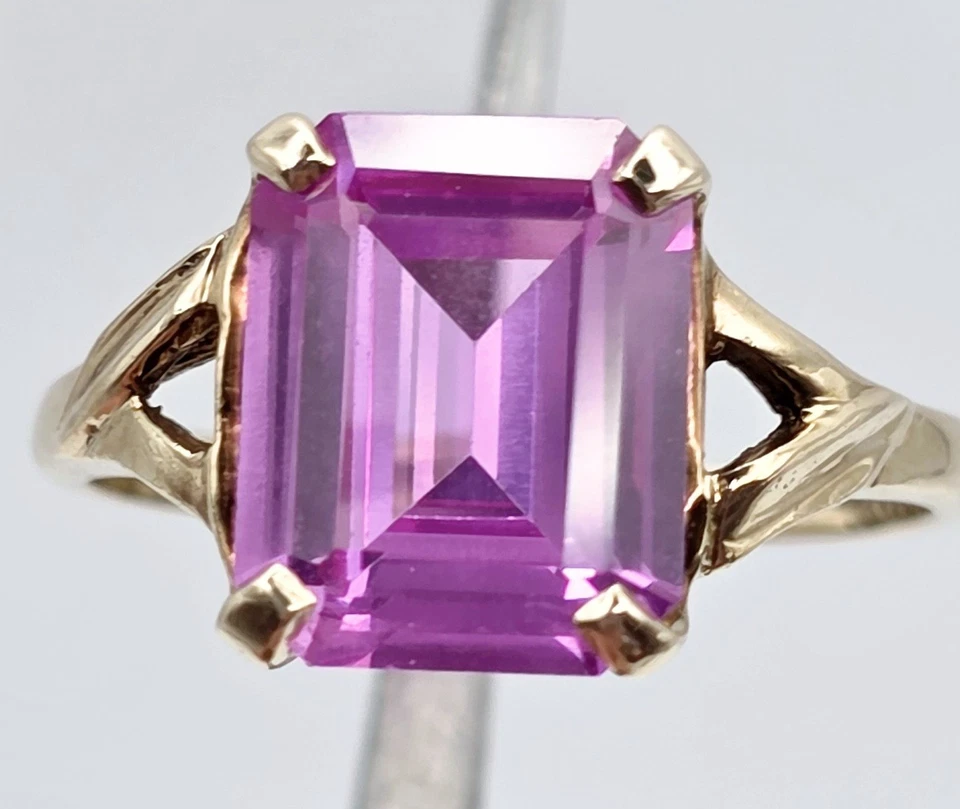 Anillo Vintage Abedules Oro 10k Zafiro Rosa Corte Esmeralda Art Deco Antiguo Talla 6.25 Foto 2 de 4