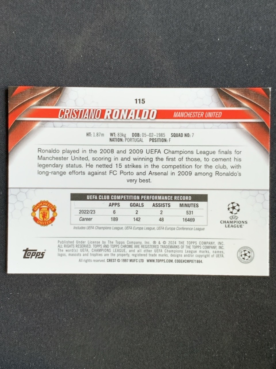 Cristiano Ronaldo 2023-24 Topps Chrome UCC Legendary Variation #115 -zf4 view 2