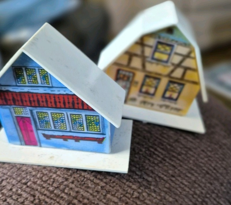 2 older  Vintage  Alpine Village Plastic houses  Christmas  tree lights strings 