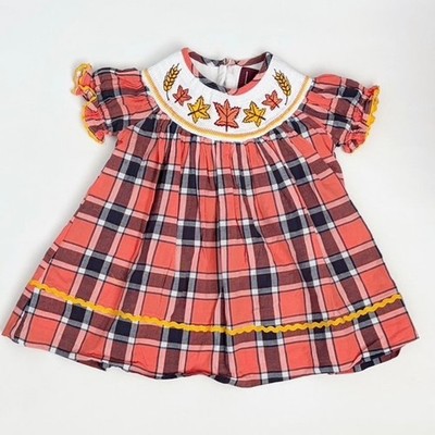 Lil Cactus Fall Leaves Plaid Embroidered Smocked Dress 3-6m