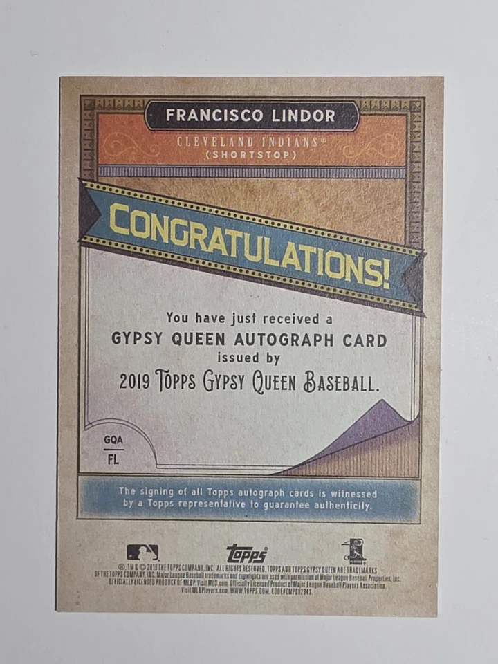 Francisco Lindor 2019 Topps Gypsy Queen Autographs #GQAFL - Image 2 of 2