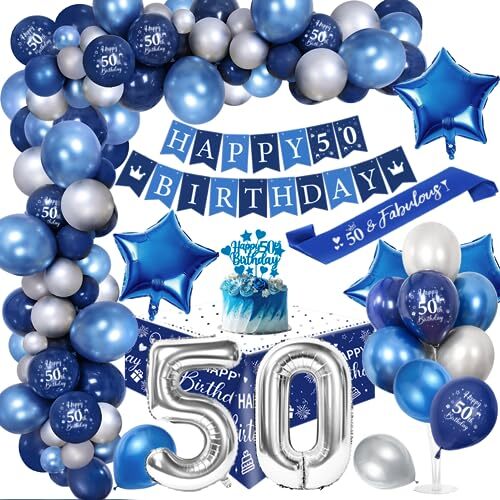50 Anni Palloncini Compleanno Uomo, Royal Blu Argento Compleanno Festa (w0Q) - Foto 1 di 1