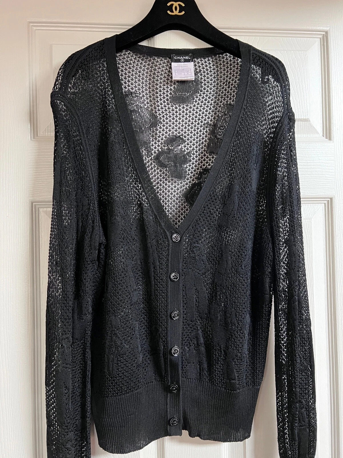 CHANEL 03A VINTAGE NERO UNCINETTO RICAMATO COCO CHANEL GIACCA CARDIGAN FR46 42