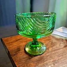 Vintage E O Brody Co Cleveland Green Pedestal Swirl Glass Bowl Dish #138