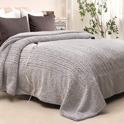 Cozy King Electric Blanket with 6 Heat Levels & Auto-Off - Grey Sherpa