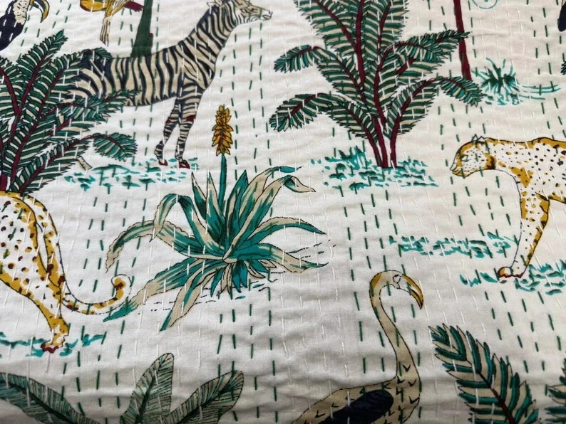 Colcha reversible con estampado animal Kantha edredón bohemio ropa de cama edredón decorativo Foto 2 de 4