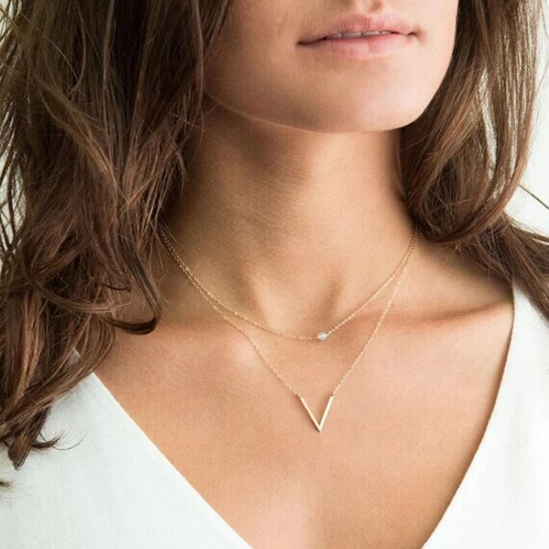 Trendy Stylish V Shaped Double Layer Chain Necklace Women Girls Party Jewellery