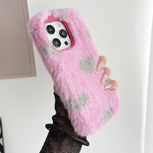 For iPhone 15 14 13 12 11 Pro Max XR Cute Love Heart Pattern Plush Fluffy Case - 第 19/23 張圖片
