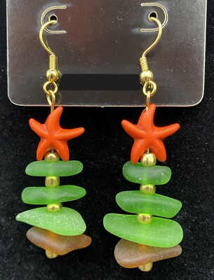 Handmade Sea Glass Christmas Tree & Orange Star Gold Tone Earrings by Neanie-Bot
