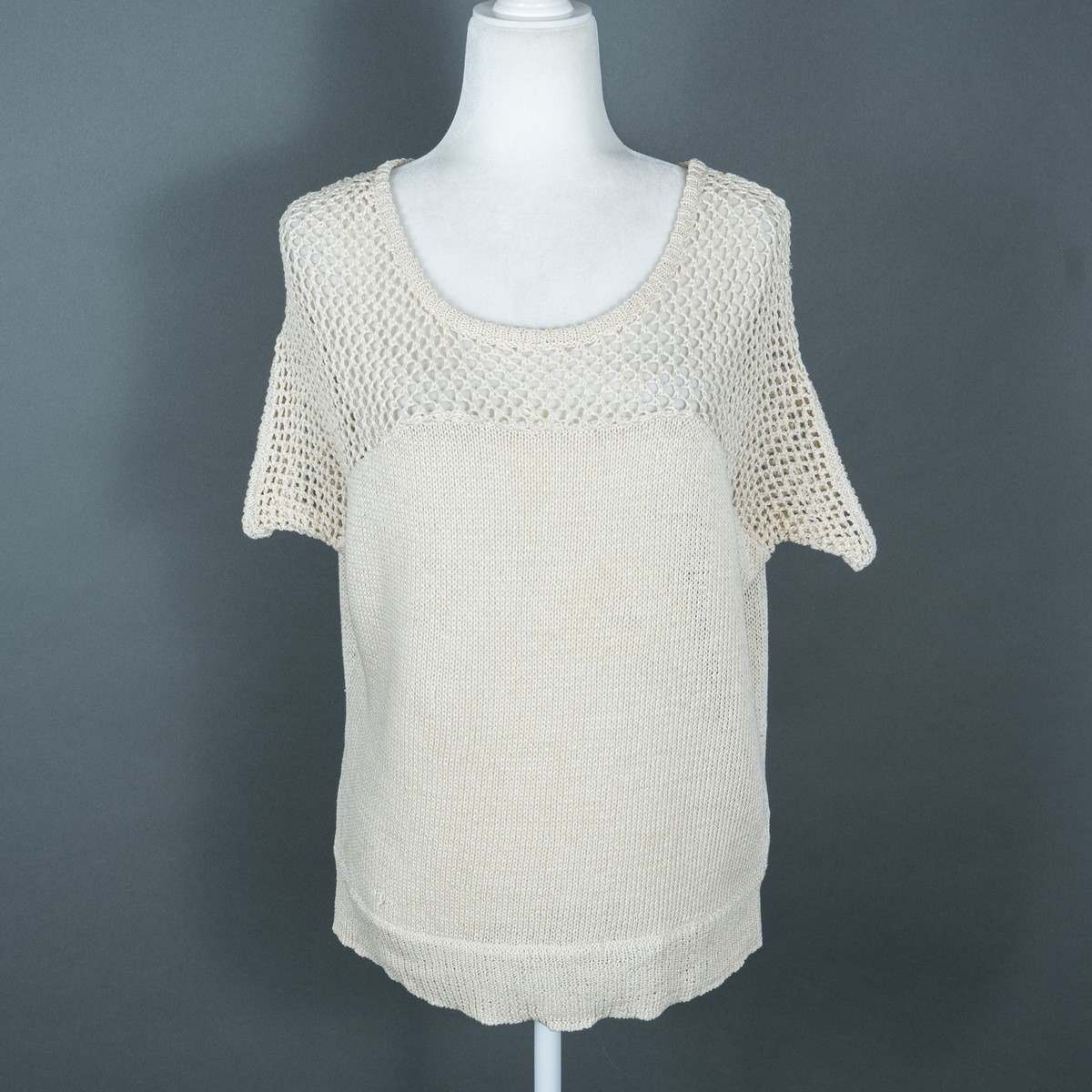 L'Agence Wool Beige Loose Knit Short Sleeve Sweater Top SZ M