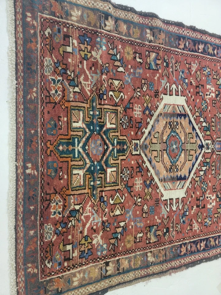 Corredor de lã oriental antigo com nós à mão marrom/azul/bege 3'2" x 8'6" - Imagem 3 de 4