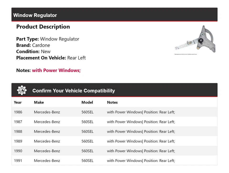 Regulador de ventana trasero izquierdo cardone 1987 1988 para Mercedes-Benz 560SEL 1986-1991 Foto 2 de 4