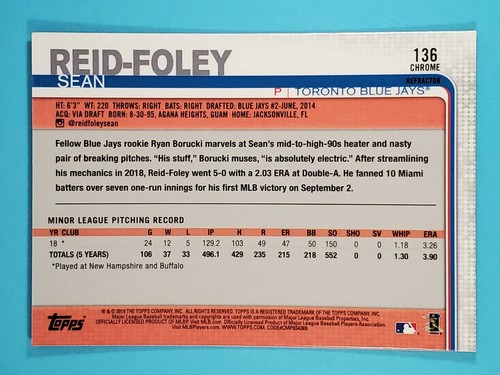 2019 Topps Chrome PINK REFRACTOR RC Sean Reid-Foley Blue Jays #136 - Picture 2 of 2