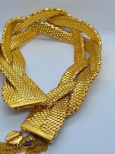 Vintage Retro Gold Tone Mesh Braid Clear Rhinestones Chunky Wide Collar Necklace - 第 10/12 張圖片