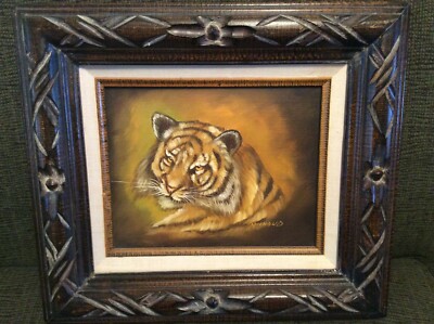 Vintage Mid Century Modern Original Painting of TIGER Framed 8