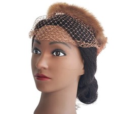 Pillbox Hat 1940s 50s Crochet Net Mink Fur Brown Satin Bow