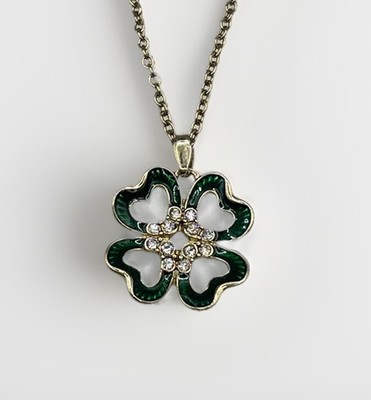 Green Enamel Four Leaf Clover Pendant Necklace Rhinestone St.Patricks Day Boxed