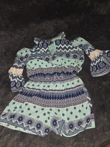 My Michelle Girls Romper Navy Blue Geometric Lined Crochet Trim Cold Shoulder M - Picture 1 of 4