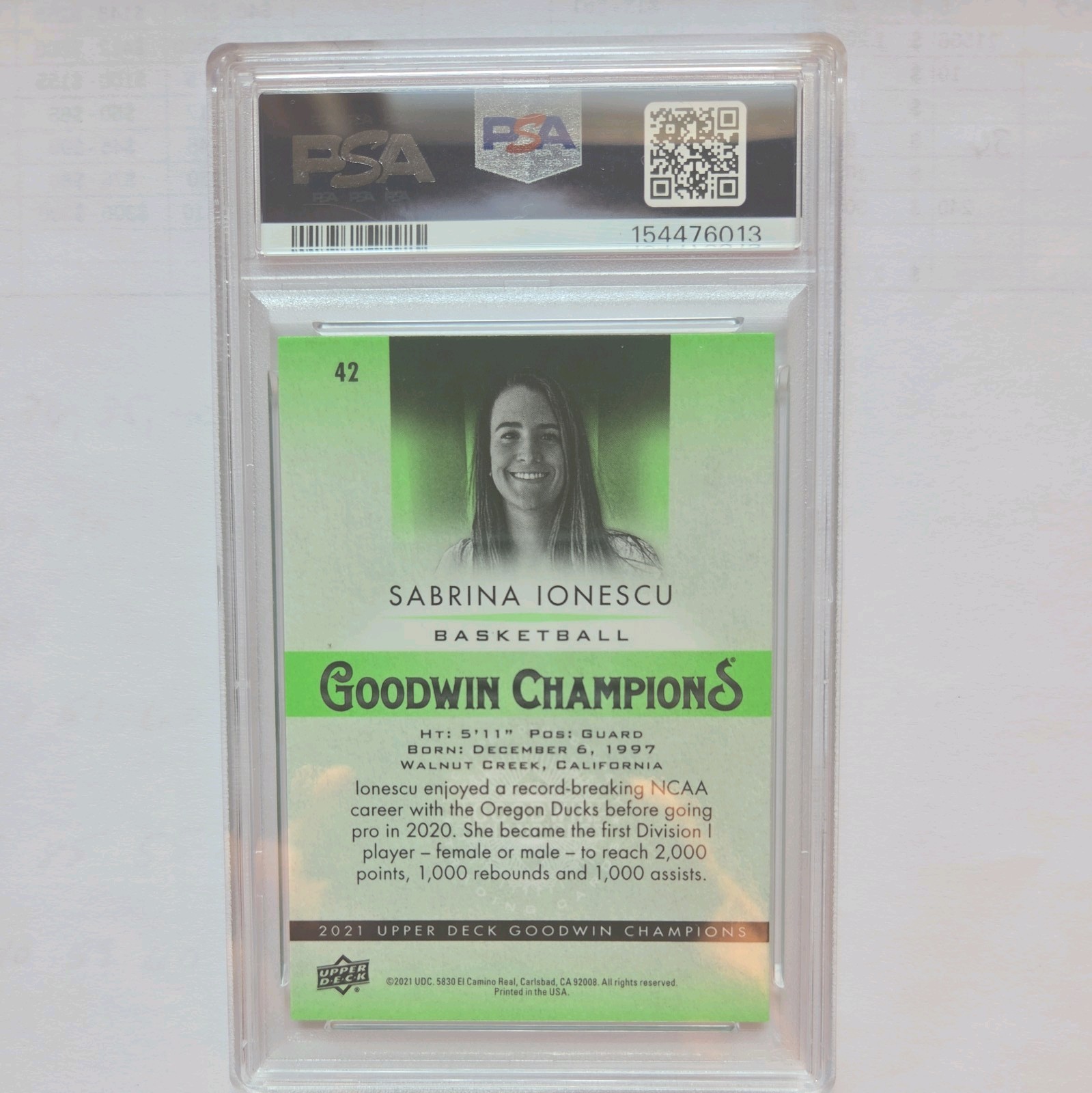 Sabrina Ionescu 2021 UD Goodwin Champions #42 Holo Platinum Neon Green PSA 10 view 2