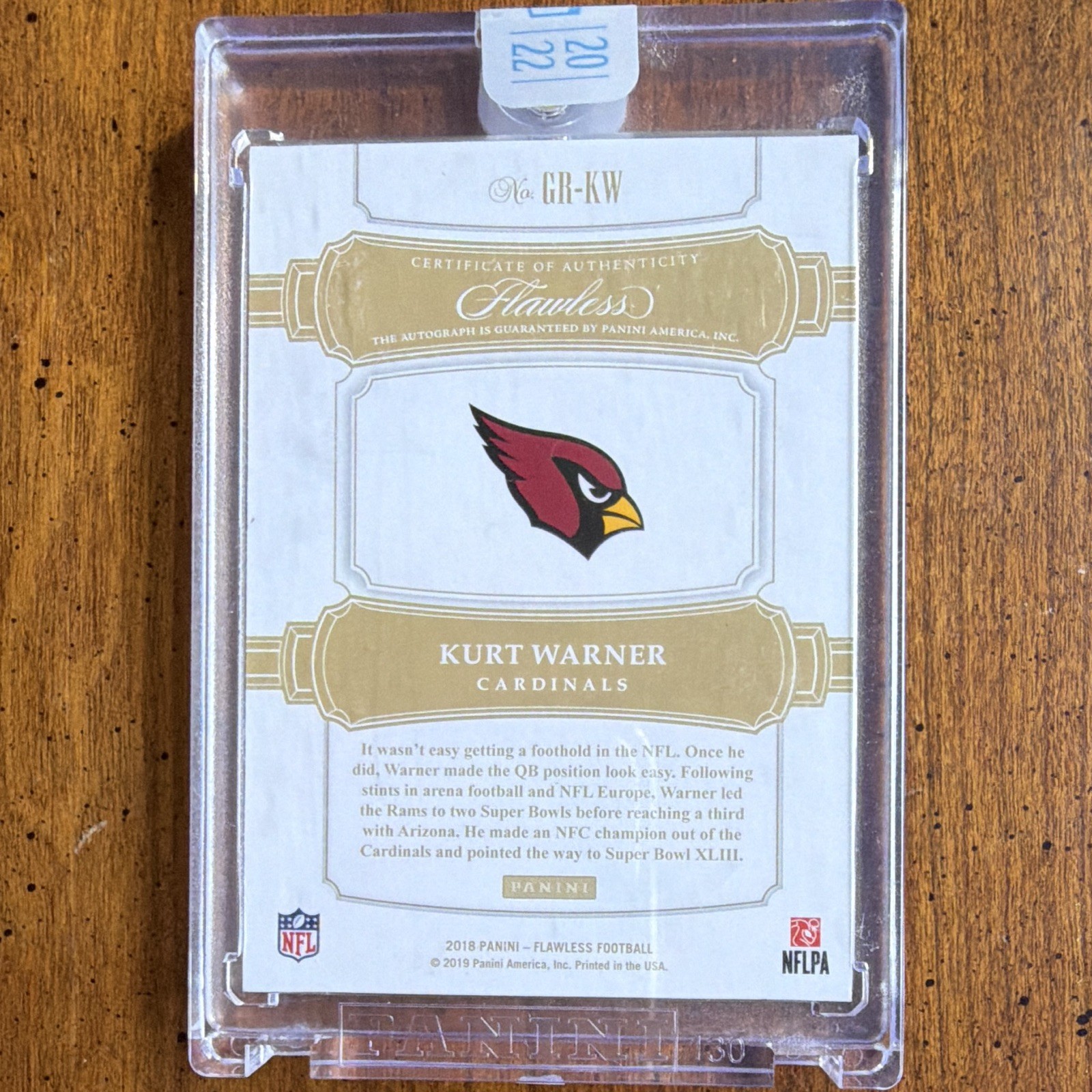 Panini 2018 Flawless Greats Kurt Warner Cardinals #GR-KW Platinum 1/1 Auto view 2