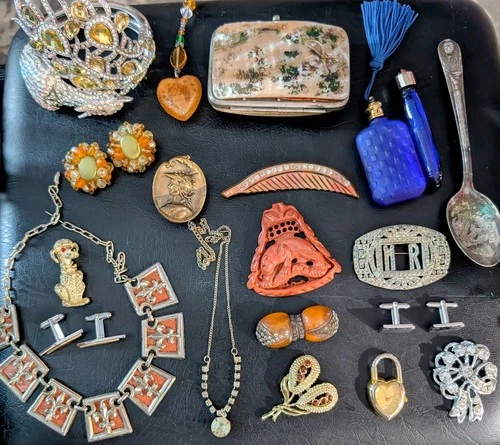 Antique Vintage Victorian Shell Purse Celluloid Carved Stone Estate Jewelry Lot
