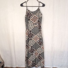 Cider Green Black Neutrals Scarf Block Pattern Satin Slip Maxi Dress Size Small