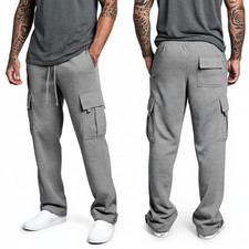 Mens Jogger Fleece Cargo Pocket Sweat Pants With Drawstring S 3XL Sweatpants