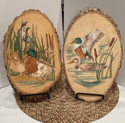 2 Vintage Handpainted Mallard Ducks/Nature Scene On Wood Slab 12x7, Signed
