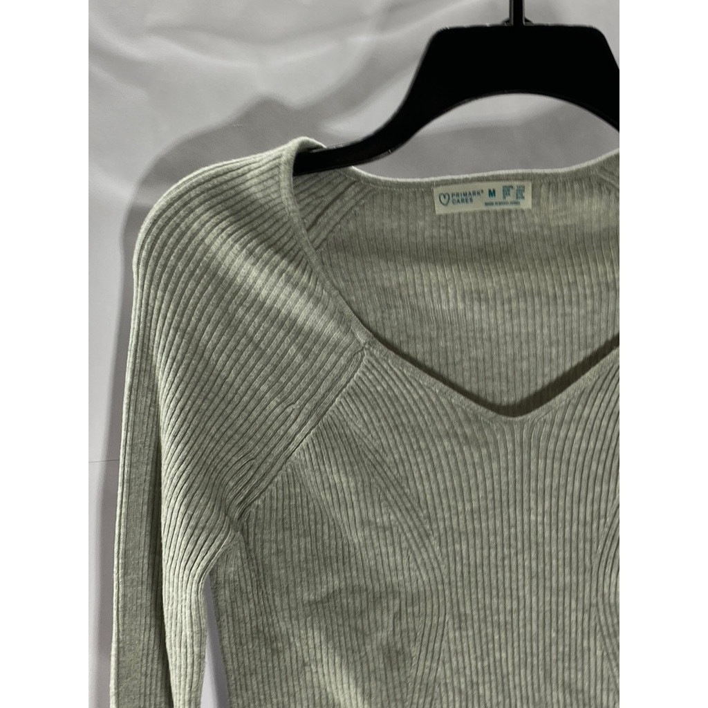 PRIMARK CARES Women's Light Grey Ribbed V-Neck Long Sleeve Top SZ M image 3