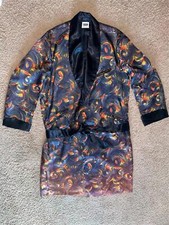 VTG 50s MENS LARGE SATIN SMOKING BELTED ROBE RAINBOW PRINT FEATHER JACKET