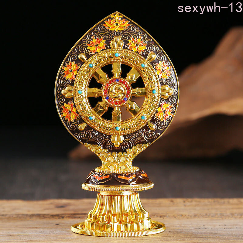 Golden Tibetan Tantric Buddhist Wheel Alloy Handicraft Auspicious Decor
