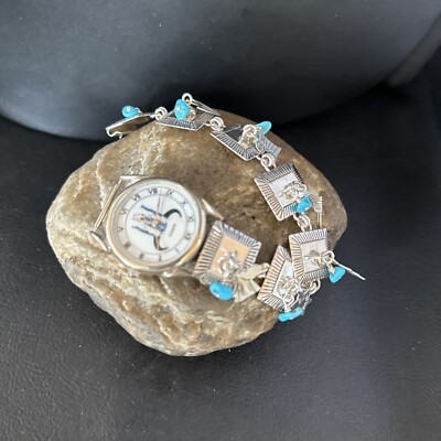 Native Mens Blue Turquoise Wristwatch Sterling Silver Tips Navajo 14397