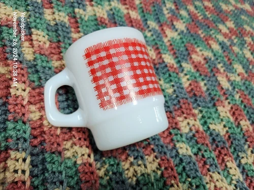 Anchor Hocking Fire King Mug Red Gingham Mat Design Milk Glass Made in USA