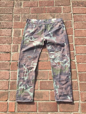 Big E Levis Sample 501 502 Zip Distressed Premium Jeans 36 Vietnam Camo Repaired