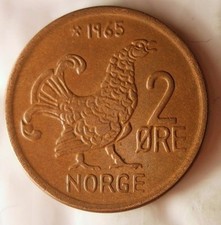 1965 NORWAY 2 ORE - MOOR HEN - Excellent Coin - FREE SHIP- Norway Bin #4