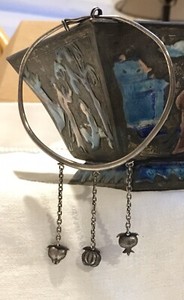 Antique Chinese Sterling Silver Bangle Bracelet w Cabbage,Peach and Persimmion