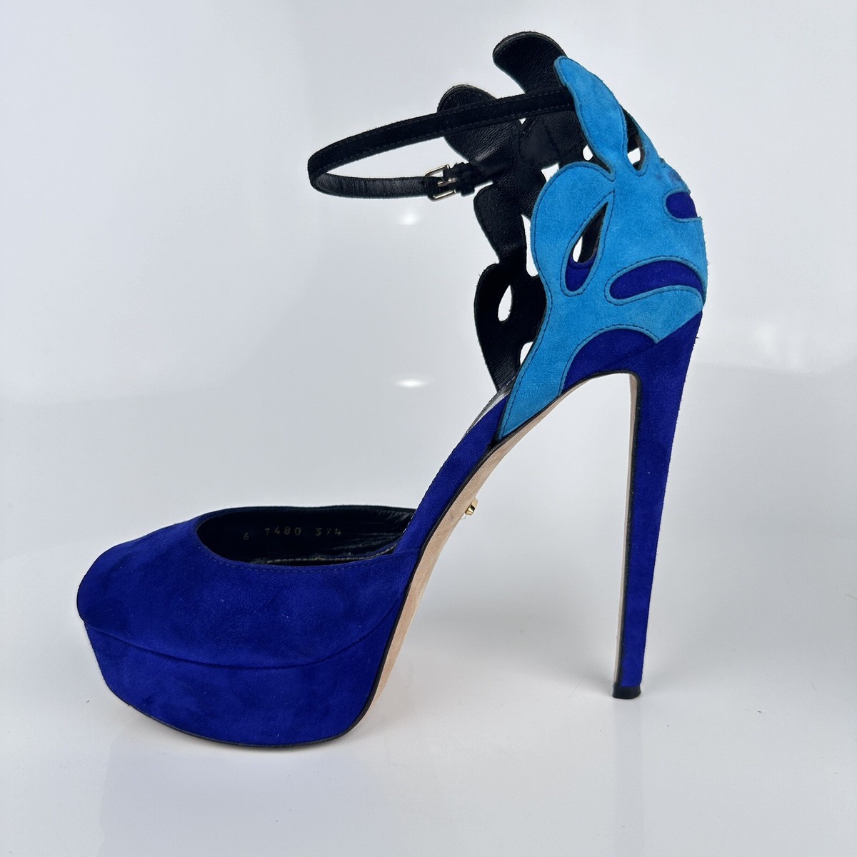 Sergio Rossi Matisse Scalloped Blue Suede Platform Heels Ankle