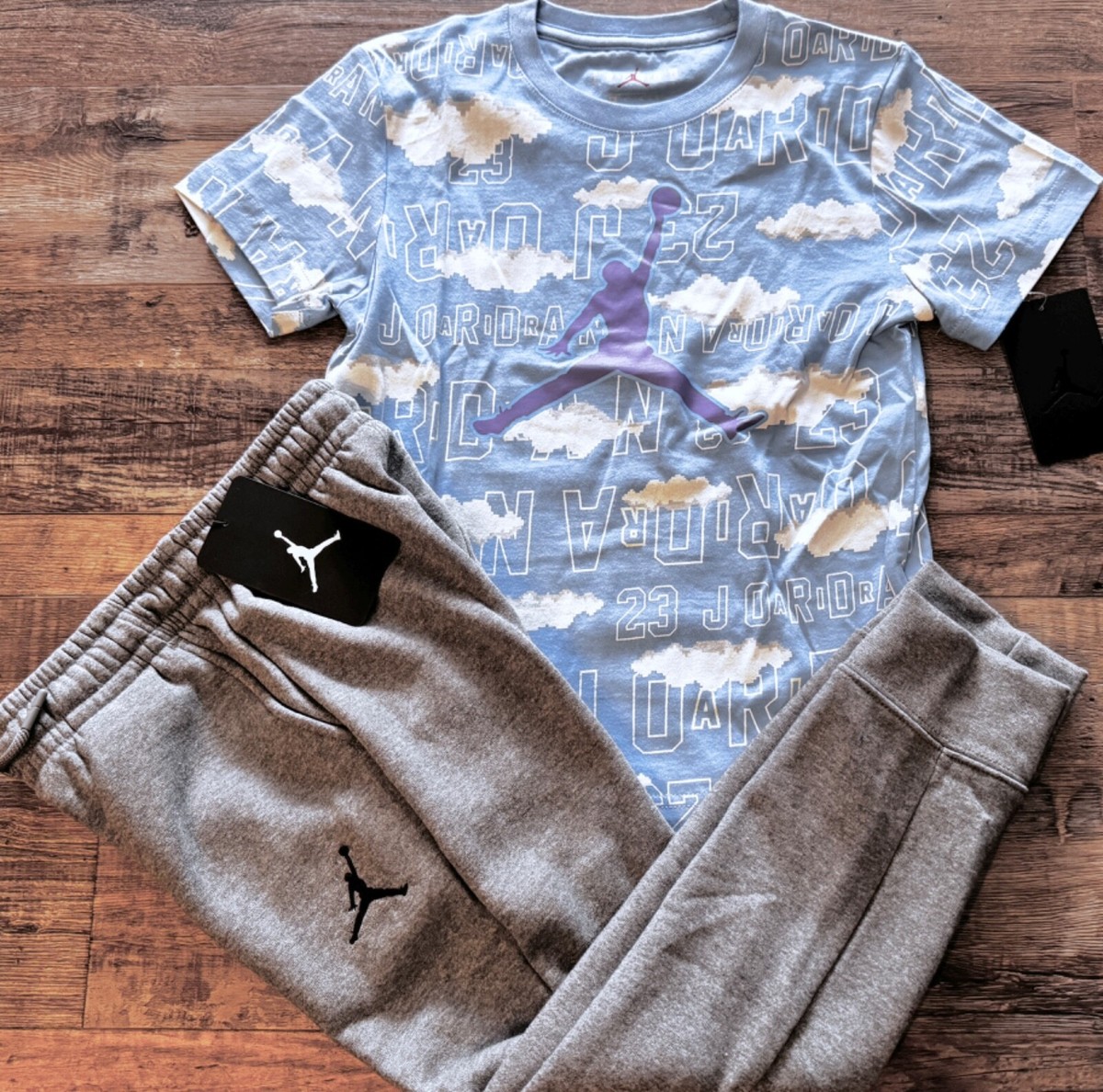 NWT Nike Jordan Boys Light Blue/Gray/Purple CLOUD Jogger Sweat Pants Set  Sz