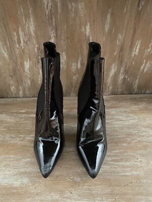 YSL Black Opyum 110 Patent Leather YSL Heel Logo Women's Boots