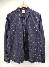 Paul Smith Shirt Mens Allover Print Navy Blue Collar 17.5 Made in Italy