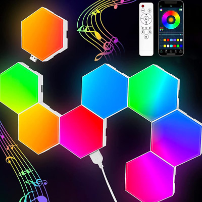 Hexagon (8 Pack) LED RGB Gaming Lights with APP Smart Modular Panel Hex Tiles Pu