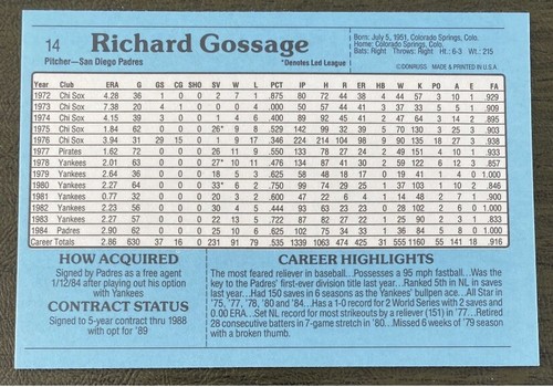 1985 Donruss - Action All-Stars 3x5 #14 Rich Gossage San Diego Padres - Picture 2 of 2