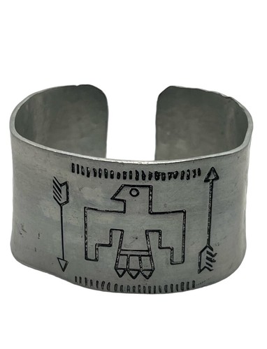 Vintage silver tone tribal design bird arrow wide cuff bracelet