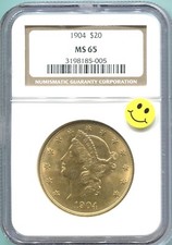 1904 $20 LIBERTY DOUBLE EAGLE NGC MS65 GOLD COIN MS-65 SCARCE GEM Older Holder !