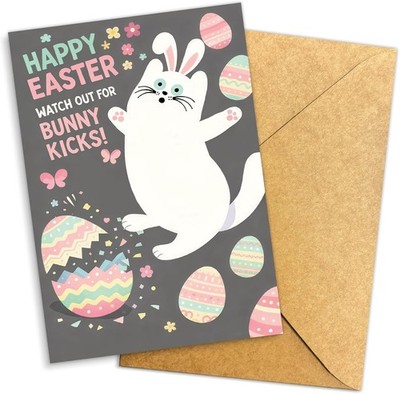 Happy Easter Bunny Kicks Funny Cat Greeting Card Cute Easter Cat with Bunny Ears
